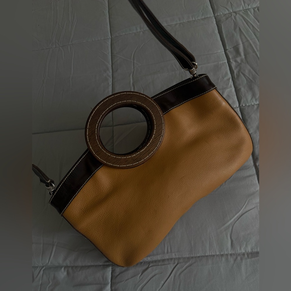 Vintage Miu Miu Brown Satchel Crossbody Bag Tote with wood round handles